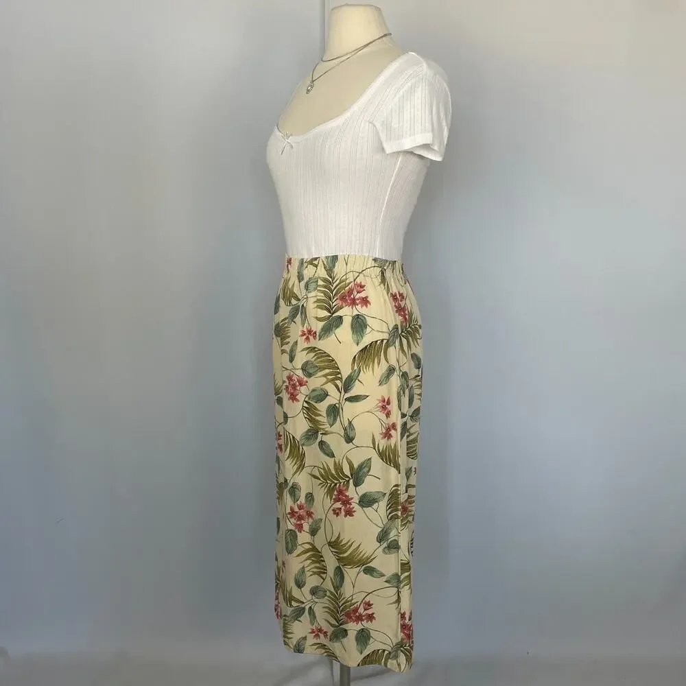 Vintage Midi Skirt Size Small Cream Yellow Floral Print Tropical Boho Linen 90s